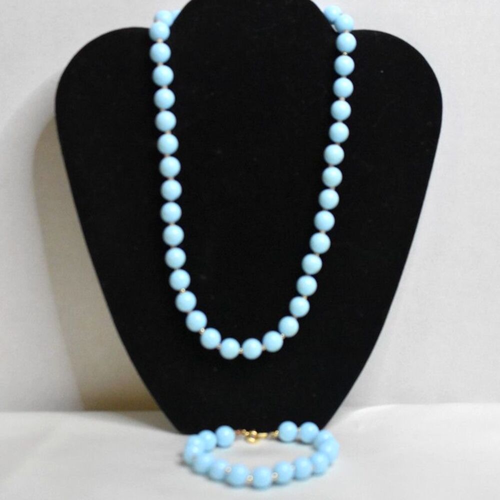 Ageless Baby Blue Beaded Gold Tone Accent 6" Bracelet 16" Cottage Necklace